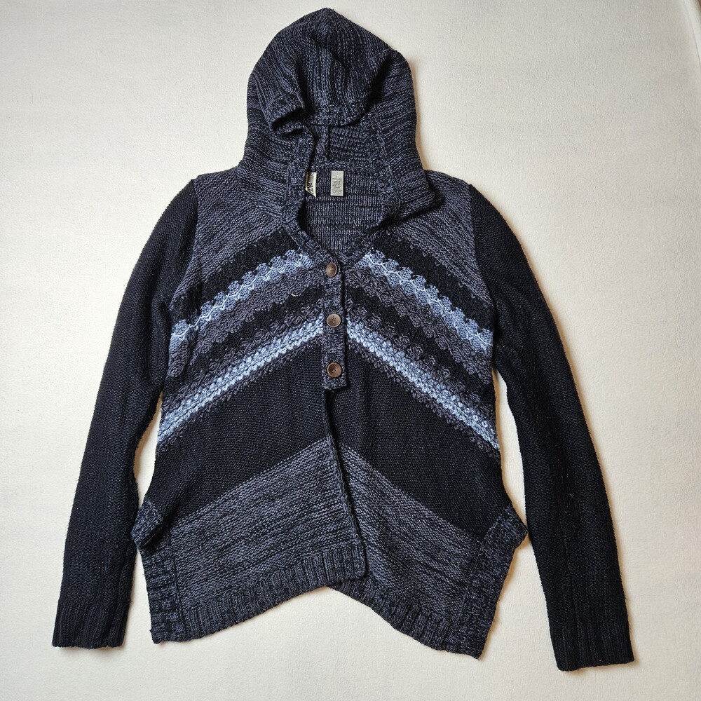 BKE Buckle Cardigan Sweater Hoodie 3 Button Southwest Style Womens Large Blue